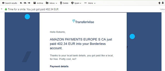 Email from transferwise informing me of amazon payment